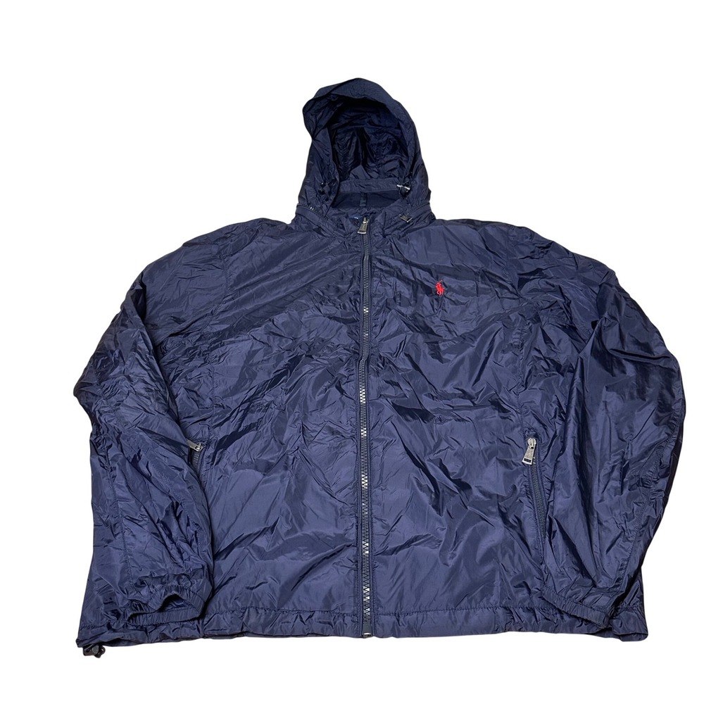 Polo Ralph Lauren Mens XL Navy Blue Hooded Windbreaker Full Zip Jacket Red Pony